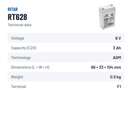 Bateria estacionária UPS Ritar RT628 6V 2.8Ah AGM – ficha técnica