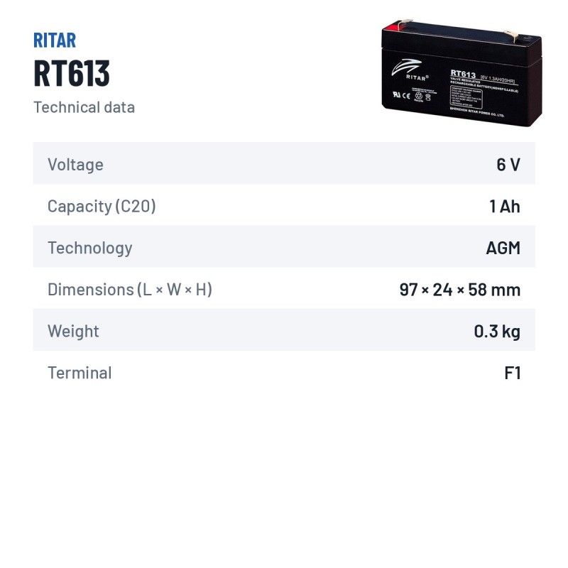 Batería estacionaria SAI/UPS Ritar RT613 6V 1.3Ah AGM – ficha técnica