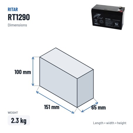 Stationärbatterie USV Ritar RT1290 12V 9Ah AGM – Abmessungen 151 × 65 × 100 mm