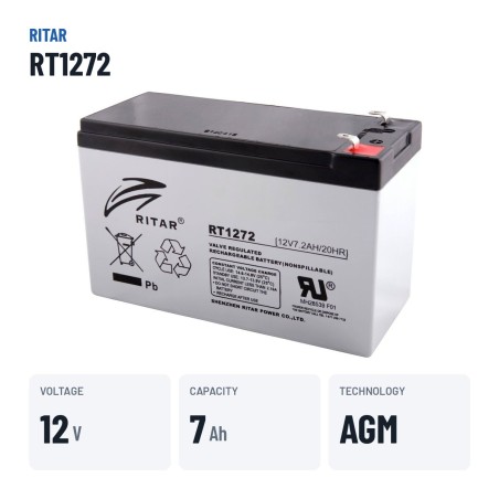 Bateria estacionária UPS Ritar RT1272 12V 7.2Ah AGM – dados principais