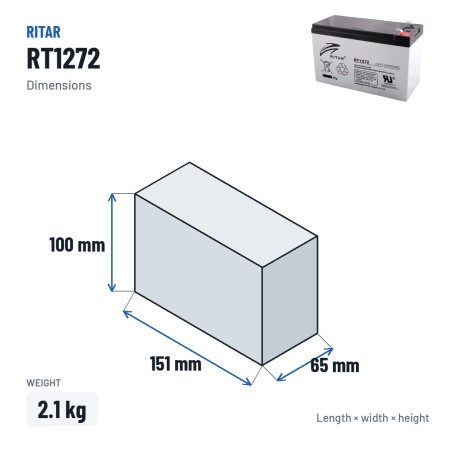 Bateria estacionária UPS Ritar RT1272 12V 7.2Ah AGM – medidas 151 × 65 × 100 mm