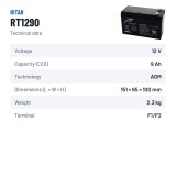Bateria estacionária UPS Ritar RT1290 12V 9Ah AGM – ficha técnica