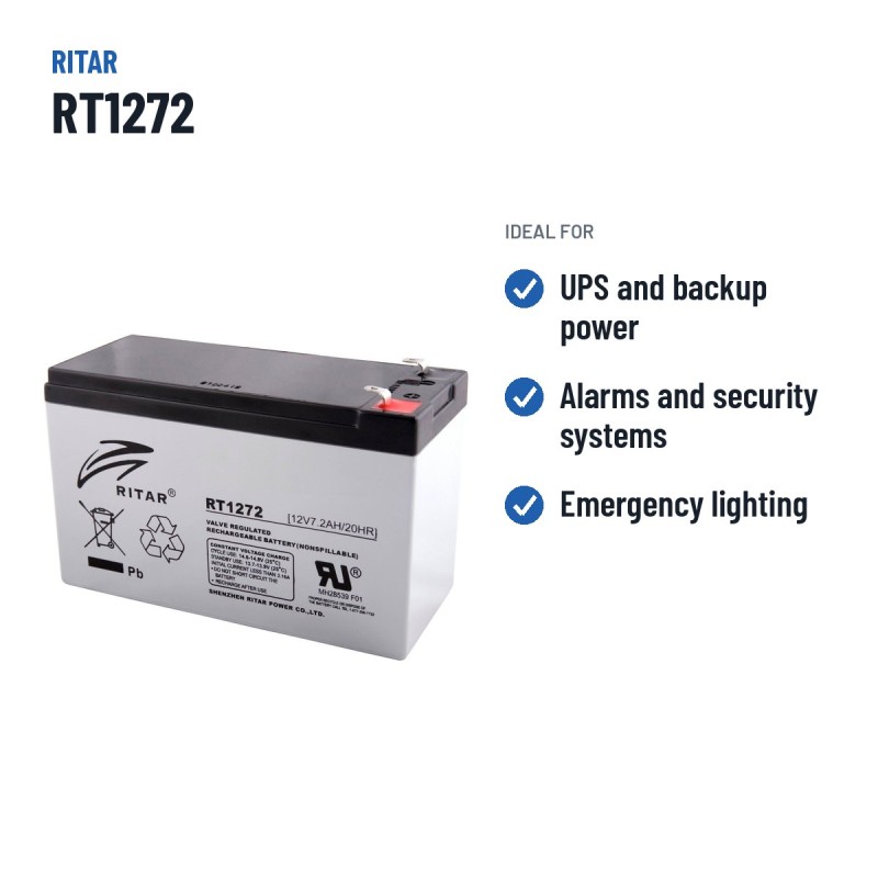 Bateria estacionária UPS Ritar RT1272 12V 7.2Ah AGM – utilizações recomendadas