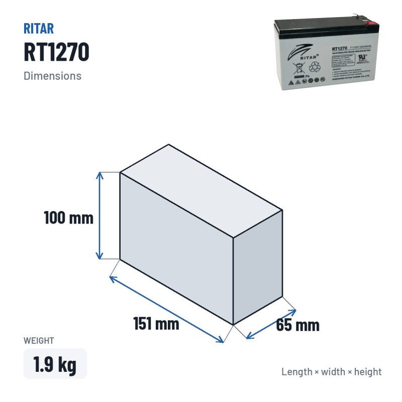 Stationärbatterie USV Ritar RT1270 12V 7Ah AGM – Abmessungen 151 × 65 × 100 mm