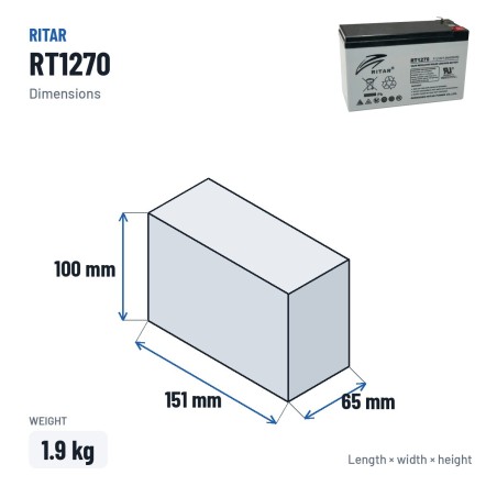 Stationärbatterie USV Ritar RT1270 12V 7Ah AGM – Abmessungen 151 × 65 × 100 mm