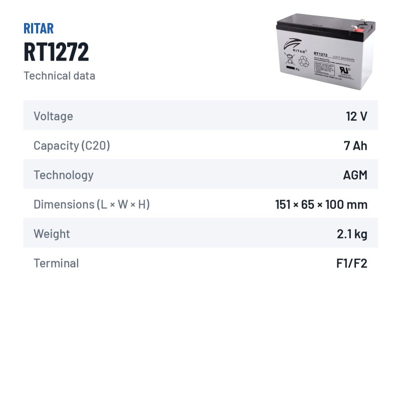 Bateria estacionária UPS Ritar RT1272 12V 7.2Ah AGM – ficha técnica