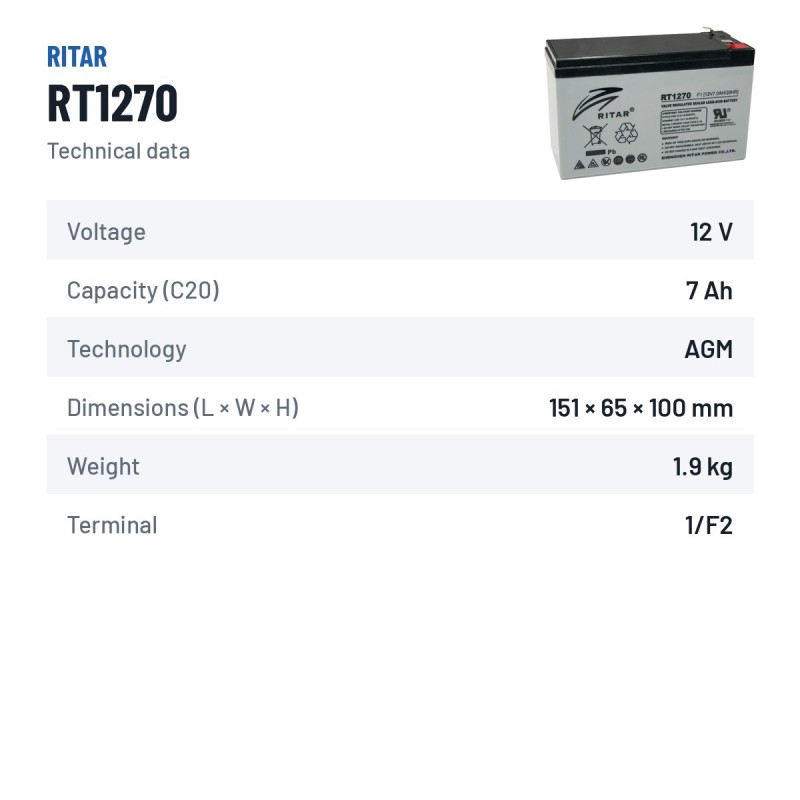 Stationary UPS battery Ritar RT1270 12V 7Ah AGM – technical data