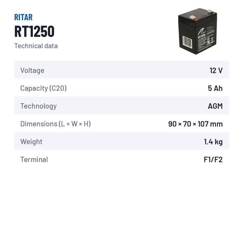 Bateria estacionária UPS Ritar RT1250 12V 5Ah AGM – ficha técnica