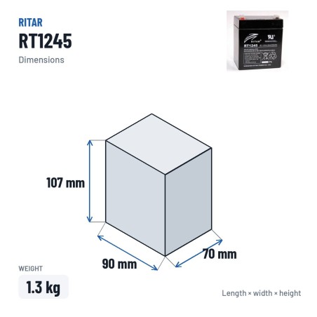 Batería estacionaria SAI/UPS Ritar RT1245 12V 4.5Ah AGM – medidas 90 × 70 × 107 mm