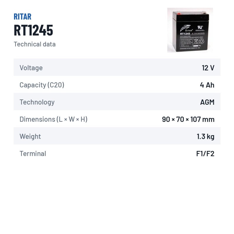 Stationärbatterie USV Ritar RT1245 12V 4.5Ah AGM – technische Daten