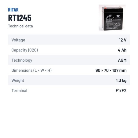 Stationärbatterie USV Ritar RT1245 12V 4.5Ah AGM – technische Daten
