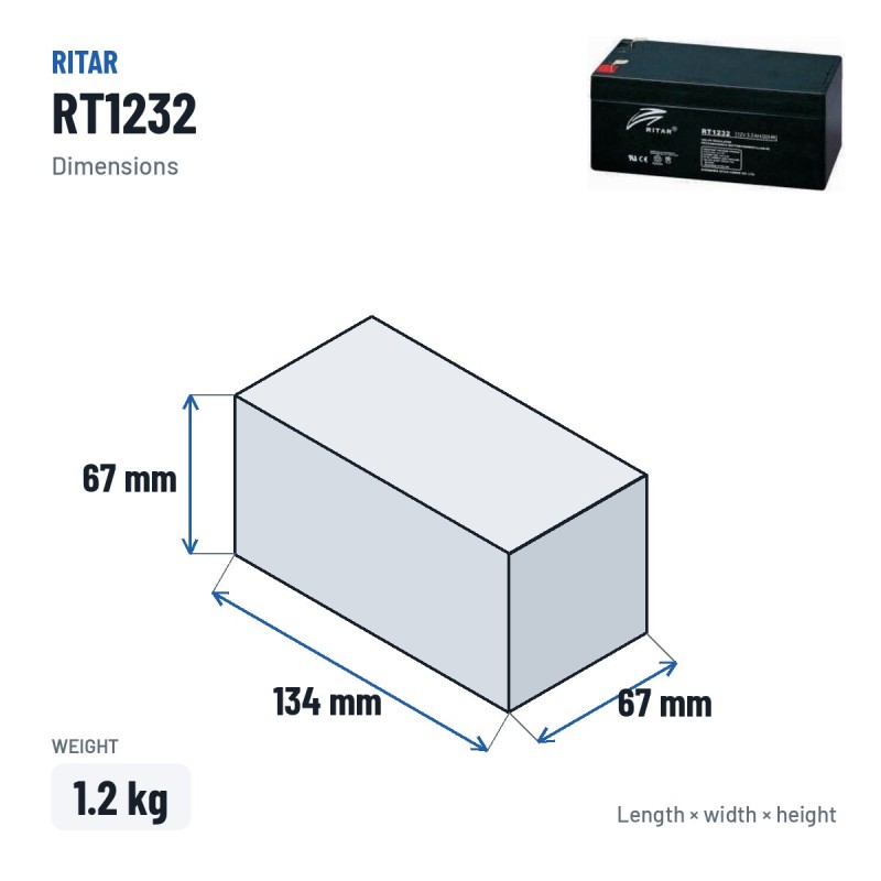 Stationärbatterie USV Ritar RT1232 12V 3.2Ah AGM – Abmessungen 134 × 67 × 67 mm