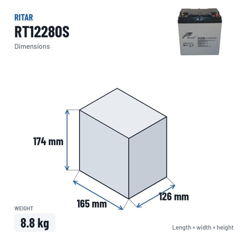 Bateria estacionária UPS Ritar RT12280S 12V 28Ah AGM – medidas 165 × 126 × 174 mm