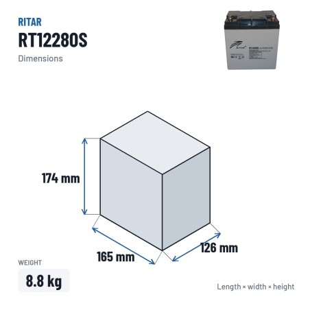 Batterie stationnaire onduleur Ritar RT12280S 12V 28Ah AGM – dimensions 165 × 126 × 174 mm