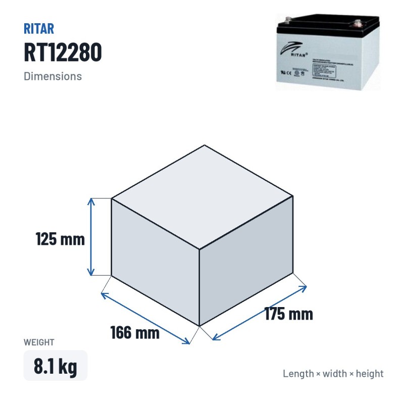Bateria estacionária UPS Ritar RT12280 12V 28Ah AGM – medidas 166 × 175 × 125 mm