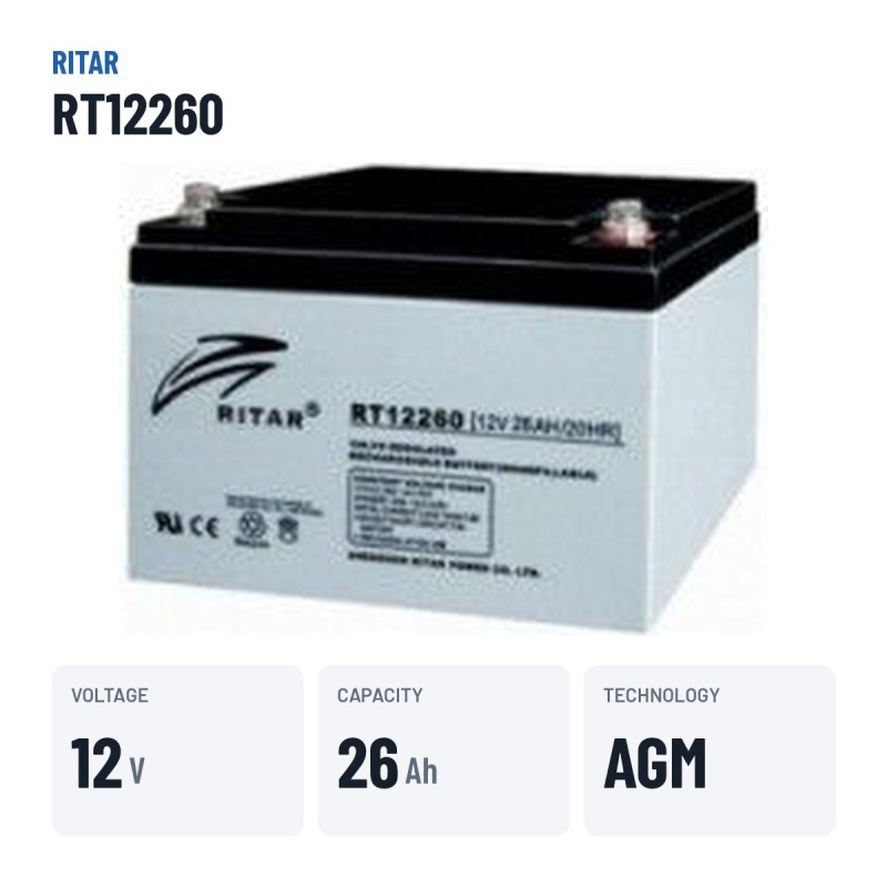 Stationary UPS battery Ritar RT12260 12V 26Ah AGM – key specs