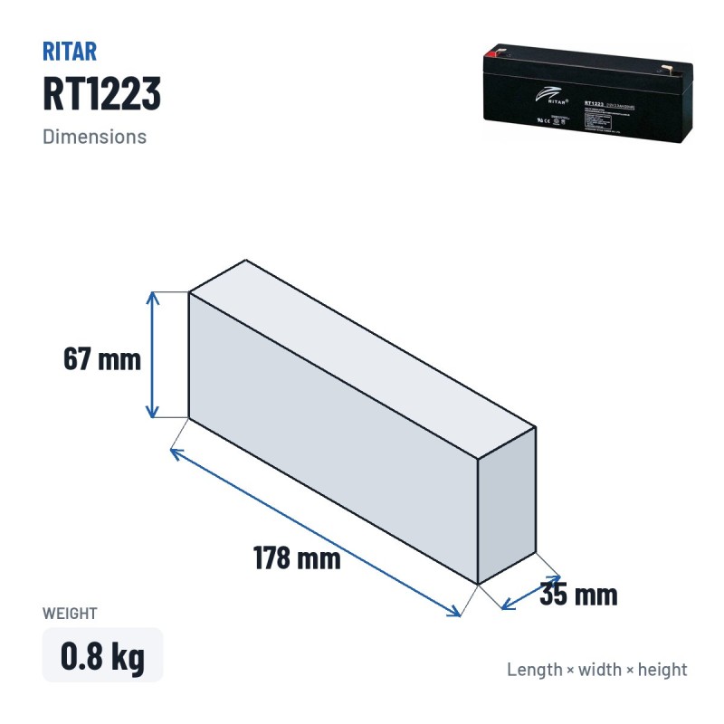 Stationary UPS battery Ritar RT1223 12V 2.3Ah AGM – dimensions 178 × 35 × 67 mm