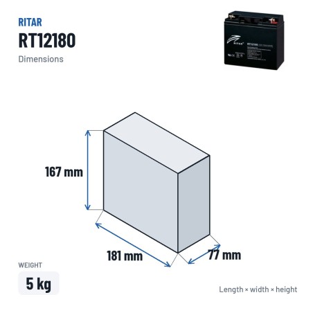 Batterie stationnaire onduleur Ritar RT12180 12V 18Ah AGM – dimensions 181 × 77 × 167 mm
