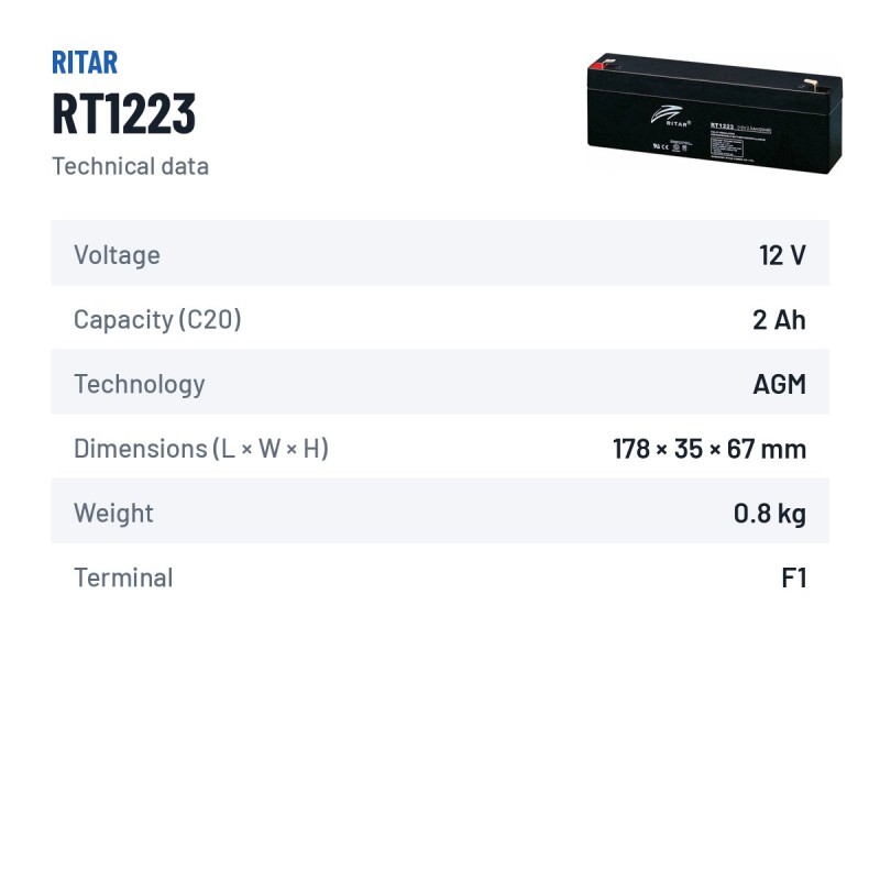 Stationary UPS battery Ritar RT1223 12V 2.3Ah AGM – technical data