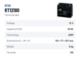 Batterie stationnaire onduleur Ritar RT12180 12V 18Ah AGM – fiche technique