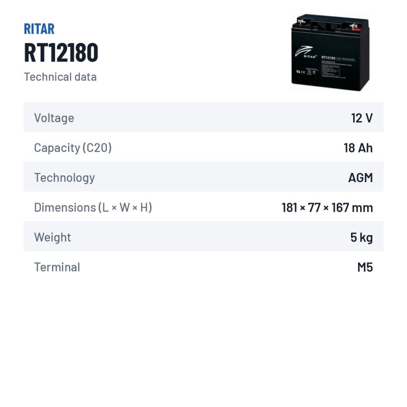 Batterie stationnaire onduleur Ritar RT12180 12V 18Ah AGM – fiche technique