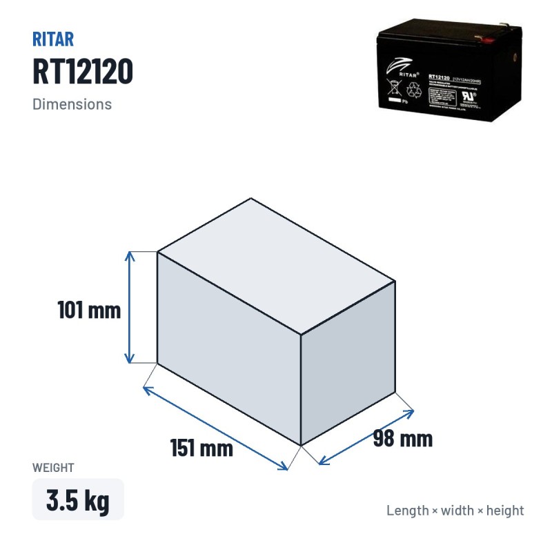Stationary UPS battery Ritar RT12120 12V 12Ah AGM – dimensions 151 × 98 × 101 mm
