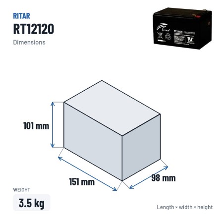 Batería estacionaria SAI/UPS Ritar RT12120 12V 12Ah AGM – medidas 151 × 98 × 101 mm