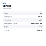 Stationärbatterie USV Ritar RL2800 2V 800Ah AGM – technische Daten