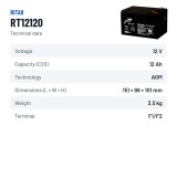 Stationary UPS battery Ritar RT12120 12V 12Ah AGM – technical data