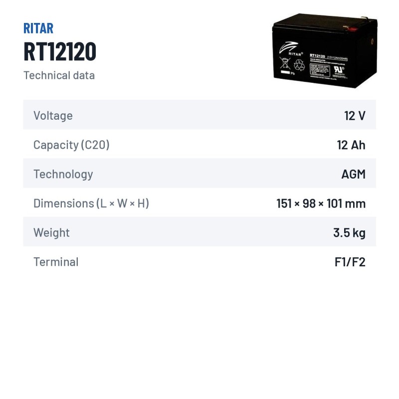 Stationary UPS battery Ritar RT12120 12V 12Ah AGM – technical data
