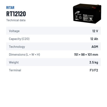 Batería estacionaria SAI/UPS Ritar RT12120 12V 12Ah AGM – ficha técnica