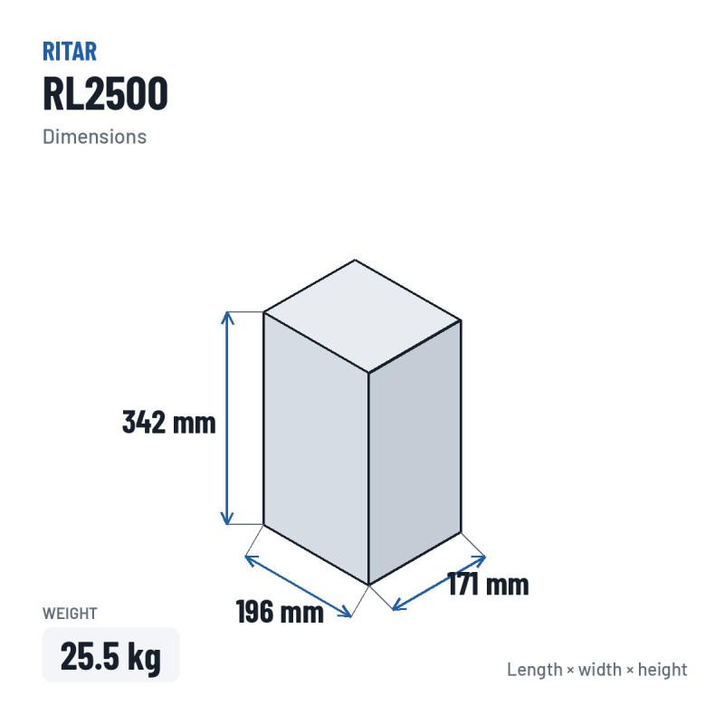 Bateria estacionária UPS Ritar RL2500 2V 500Ah AGM – medidas 196 × 171 × 342 mm
