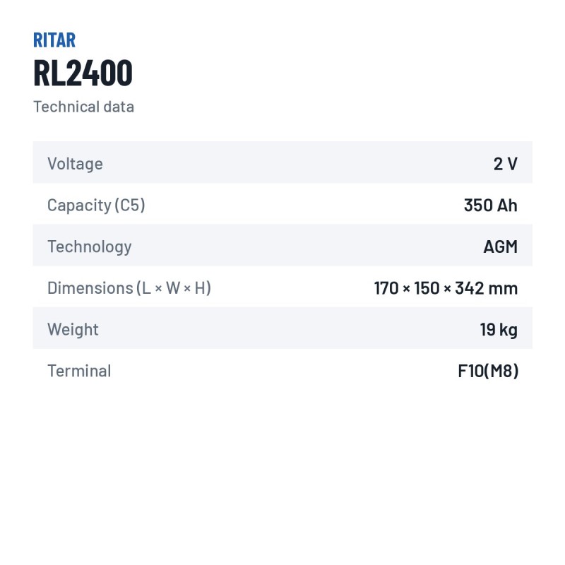 Bateria estacionária UPS Ritar RL2400 2V 400Ah AGM – ficha técnica