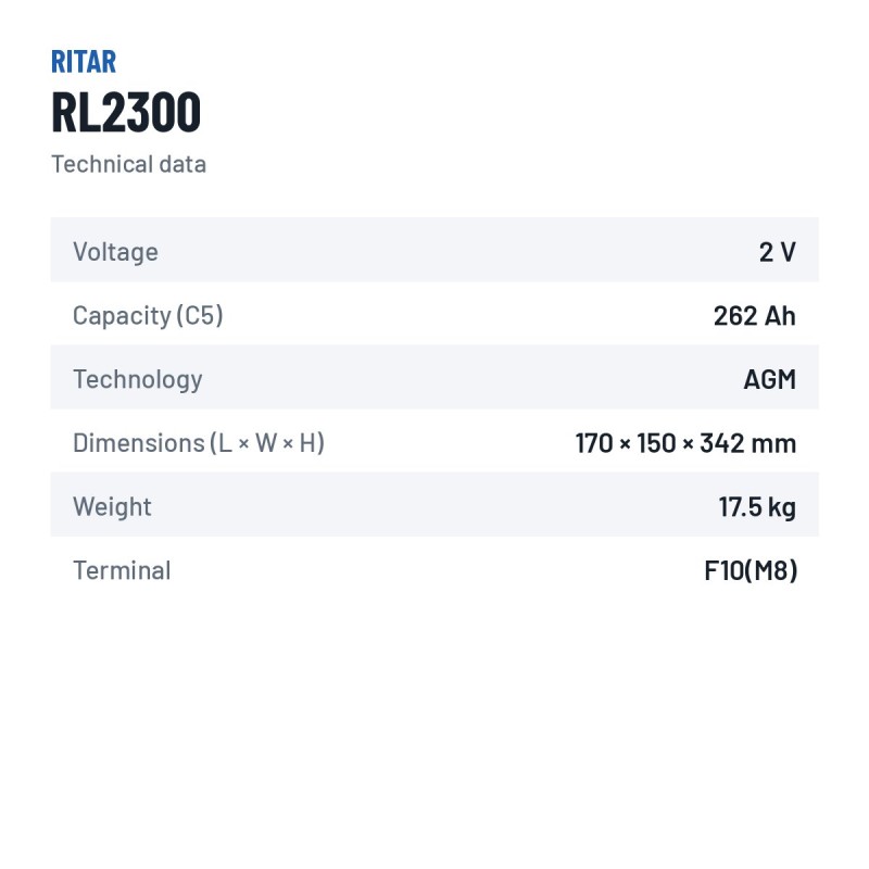 Stationary UPS battery Ritar RL2300 2V 300Ah AGM – technical data
