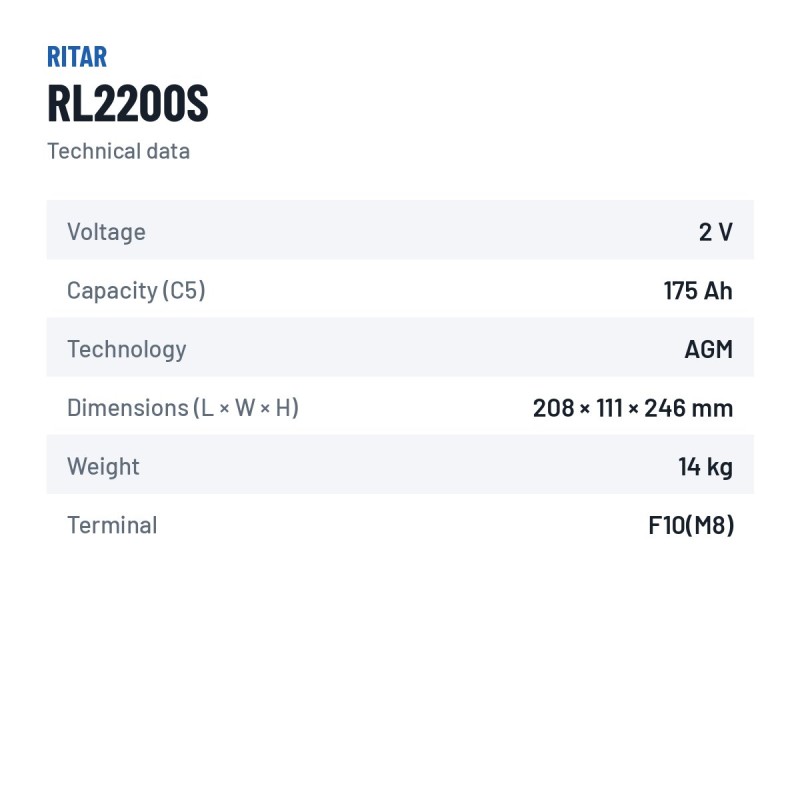 Batteria stazionaria UPS Ritar RL2200S 2V 200Ah AGM – scheda tecnica