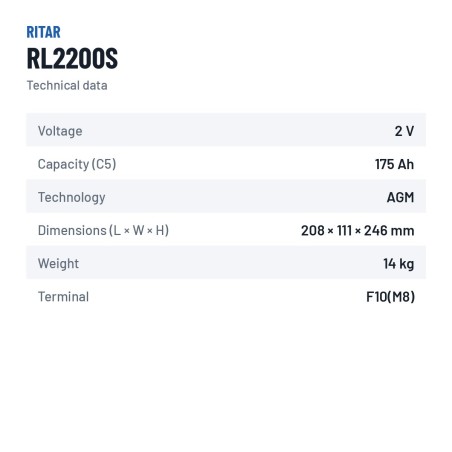 Batteria stazionaria UPS Ritar RL2200S 2V 200Ah AGM – scheda tecnica
