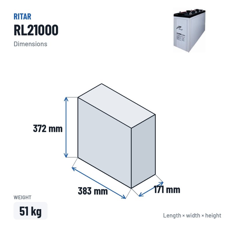 Stationary UPS battery Ritar RL21000 2V 1000Ah AGM – dimensions 383 × 171 × 372 mm