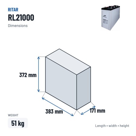 Bateria estacionária UPS Ritar RL21000 2V 1000Ah AGM – medidas 383 × 171 × 372 mm