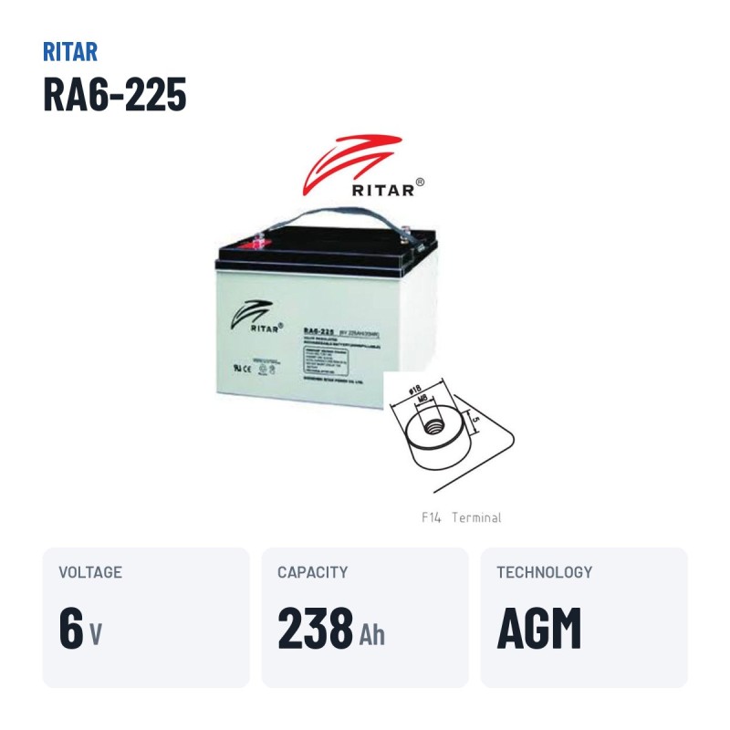 Batterie camping-car Ritar RA6-225 6V 238Ah AGM – caractéristiques clés