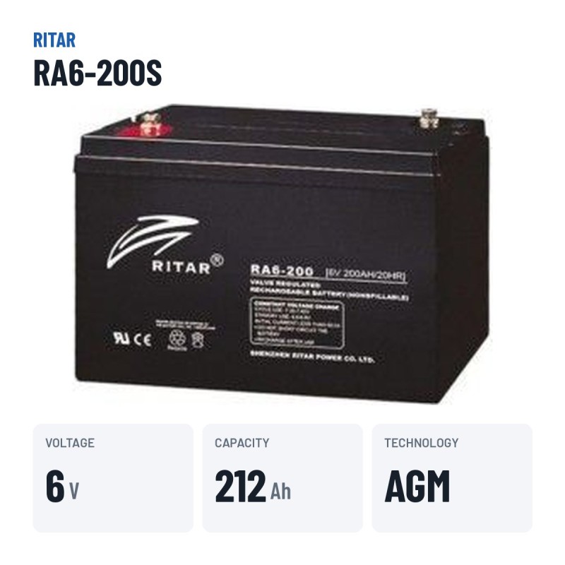 Batería de caravana Ritar RA6-200S 6V 212Ah AGM | baterias.com