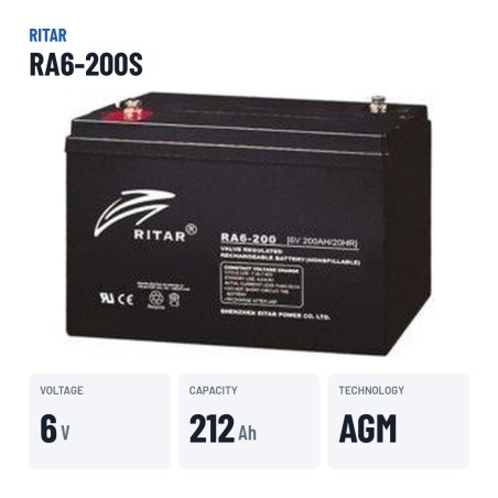 Batería de caravana Ritar RA6-200S 6V 212Ah AGM | baterias.com