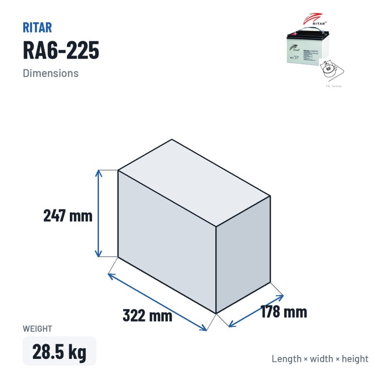 Batterie camping-car Ritar RA6-225 6V 238Ah AGM – dimensions 322 × 178 × 247 mm