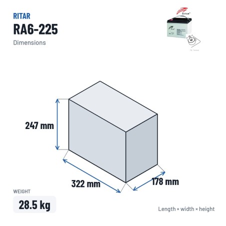 Caravan battery Ritar RA6-225 6V 238Ah AGM – dimensions 322 × 178 × 247 mm
