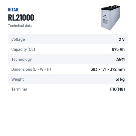 Bateria estacionária UPS Ritar RL21000 2V 1000Ah AGM – ficha técnica
