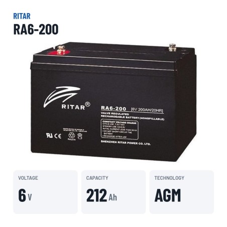 Bateria de caravana Ritar RA6-200 6V 212Ah AGM – dados principais