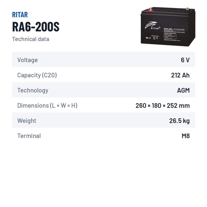 Batería de caravana Ritar RA6-200S 6V 212Ah AGM | baterias.com