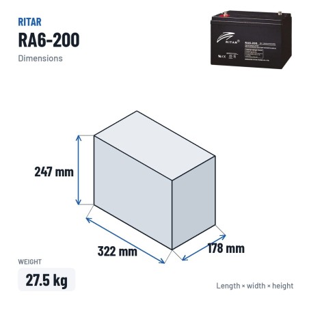 Batteria caravan Ritar RA6-200 6V 212Ah AGM – dimensioni 322 × 178 × 247 mm