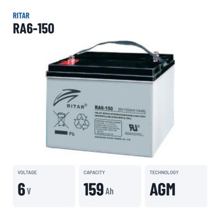 Batería de caravana Ritar RA6-150 6V 159Ah AGM – datos clave