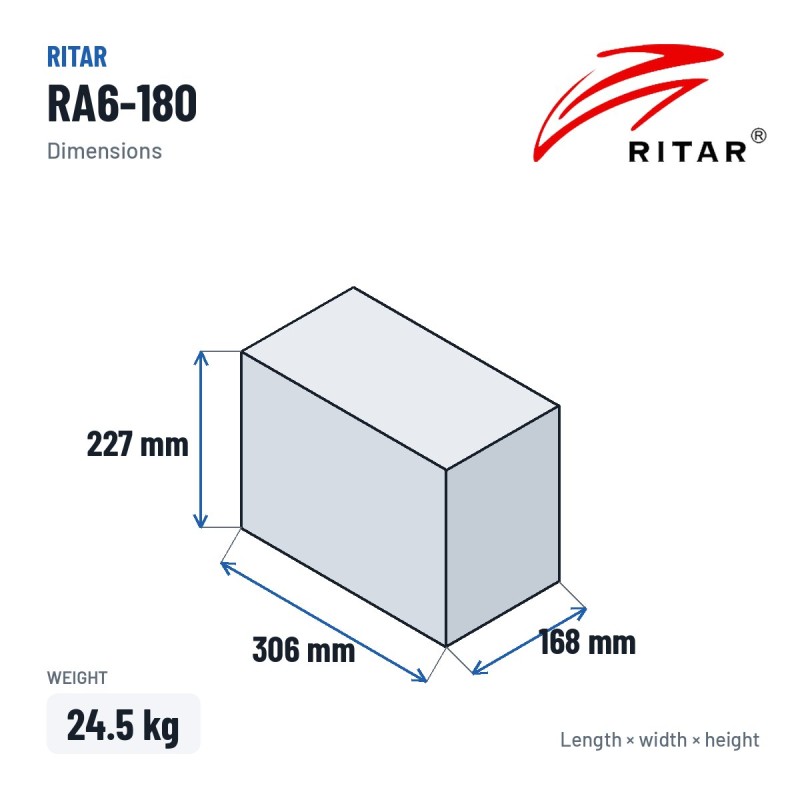 Batteria caravan Ritar RA6-180 6V 190Ah AGM – dimensioni 306 × 168 × 227 mm