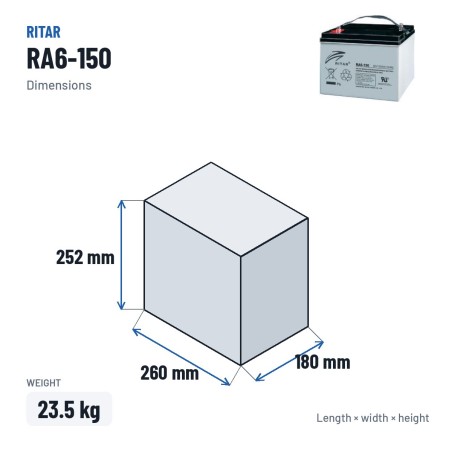 Batería de caravana Ritar RA6-150 6V 159Ah AGM – medidas 260 × 180 × 252 mm